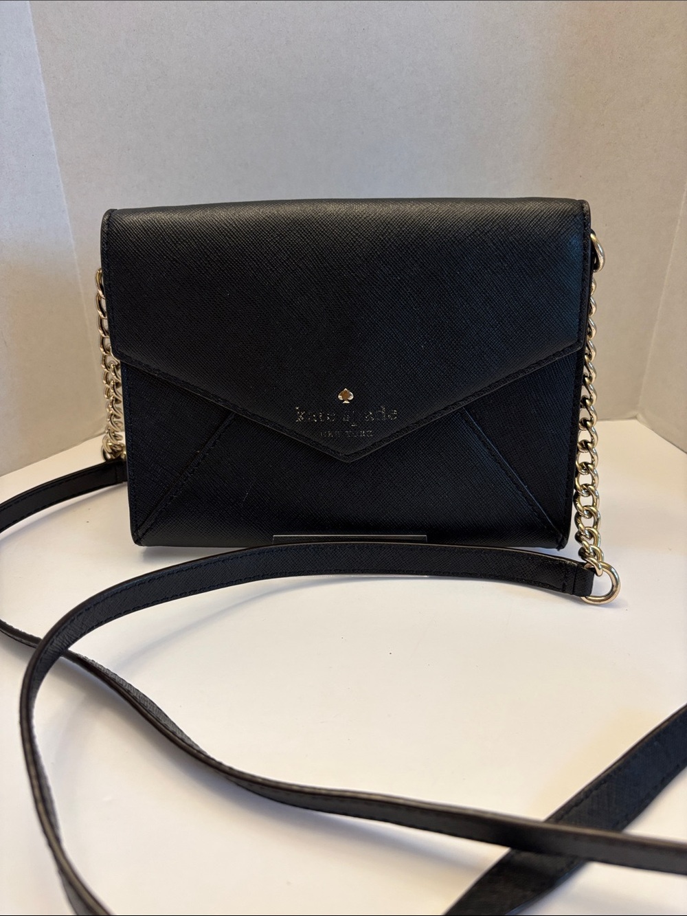 kate spade Black Saffiano Envelope Crossbody with Gold Chain